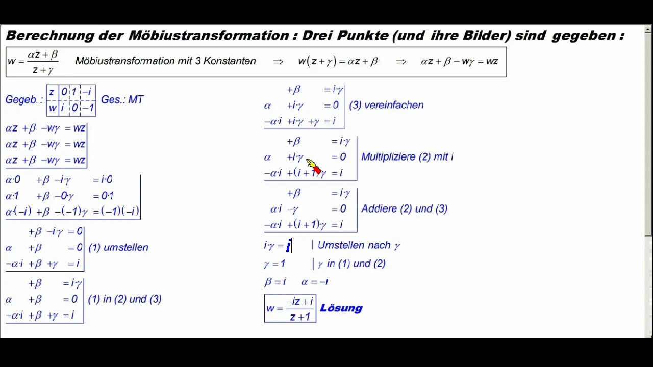 Möbiustransformation 4 ►Berechnung der Transformation wenn 3 Punktepaare gegeben sind