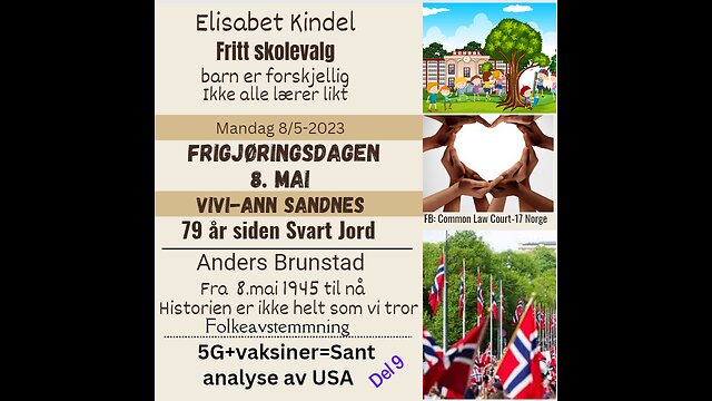 2023-05-08 - 8.mai1945-2023 - 79 år siden Brent Jord - USA 5G+vaksine=Sant del9 - Fritt skolevalg