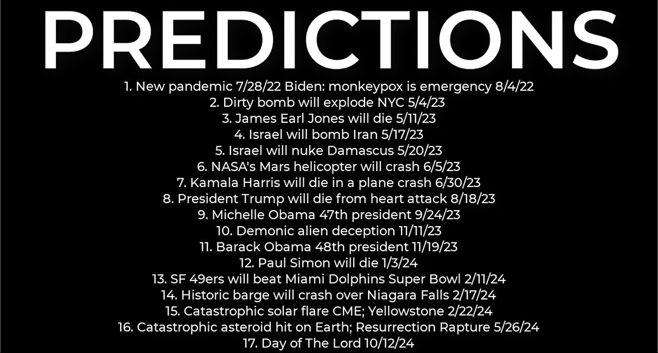 PREDICTIONS: Bomb NYC 5/4; Harris plane crash 6/30; Israel nuke Syria 5/20