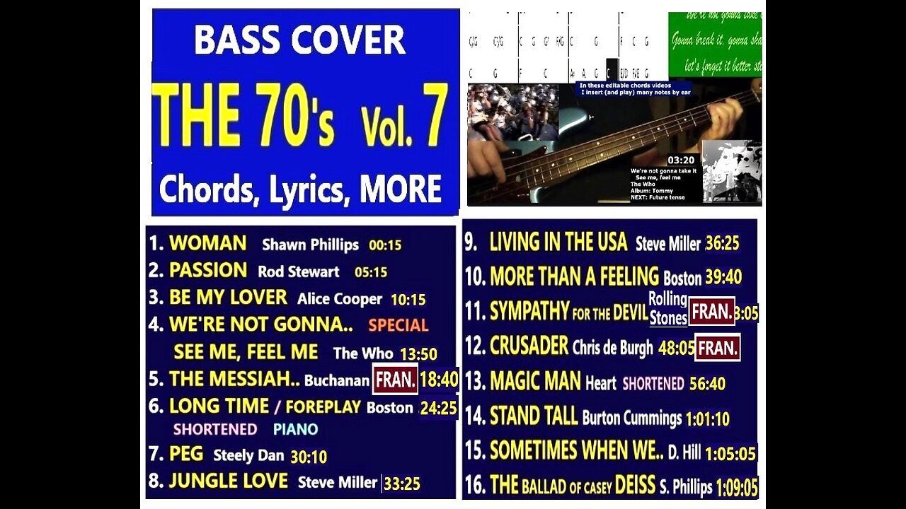 Bass cover THE 70's VOL. 7 __ Chords, Lyrics, Clocks, Songfacts