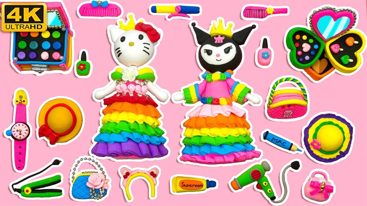 Clay Miniature Makeup Set Rainbow Dress Kuromi and Hello Kitty Poor vs Rich