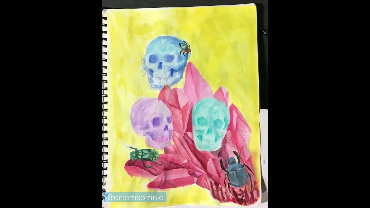 beetles & rhodochrosite gouache painting process #shorts