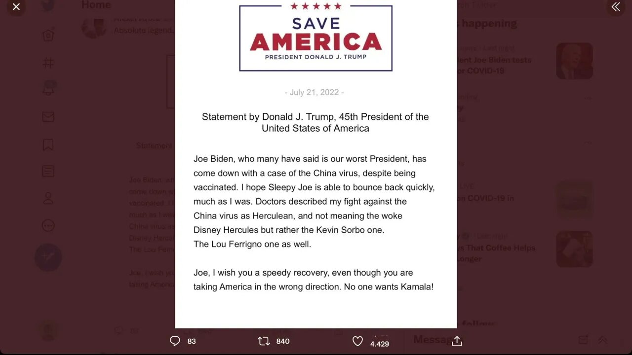 🟨 第45任美國總統祝願現任總統早日康復 🟨