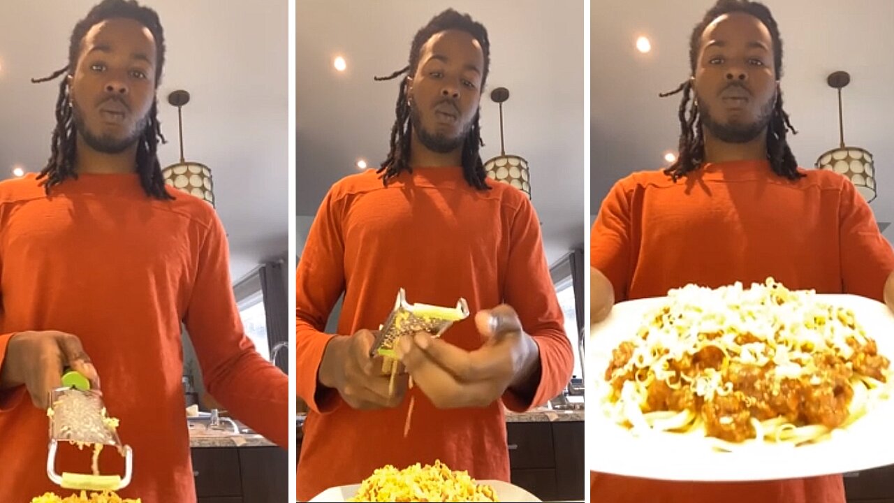 Funny moment as guy unwittingly turns his phone into a pasta canvas