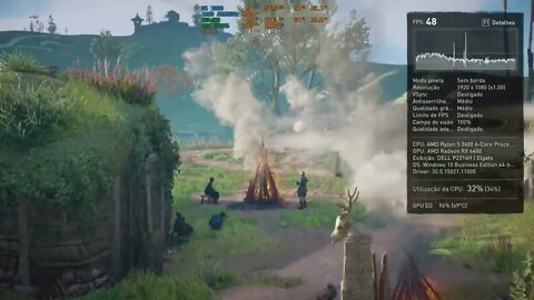 RX 6400 com o Ryzen 5 3600 na A320-D4, Benchmark do Assassin's Creed Valhalla, 1080p no médio.