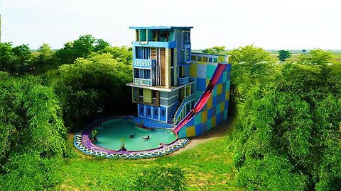Build A Five-Story Modern Mud House And Build Steepest Water Slide Into swimming pool