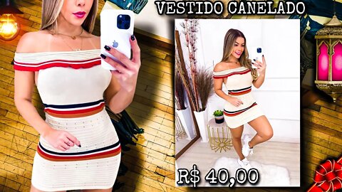 Vestido Canelado Ciganinha com Listras horizontal com detalhes furadinhos Estica!
