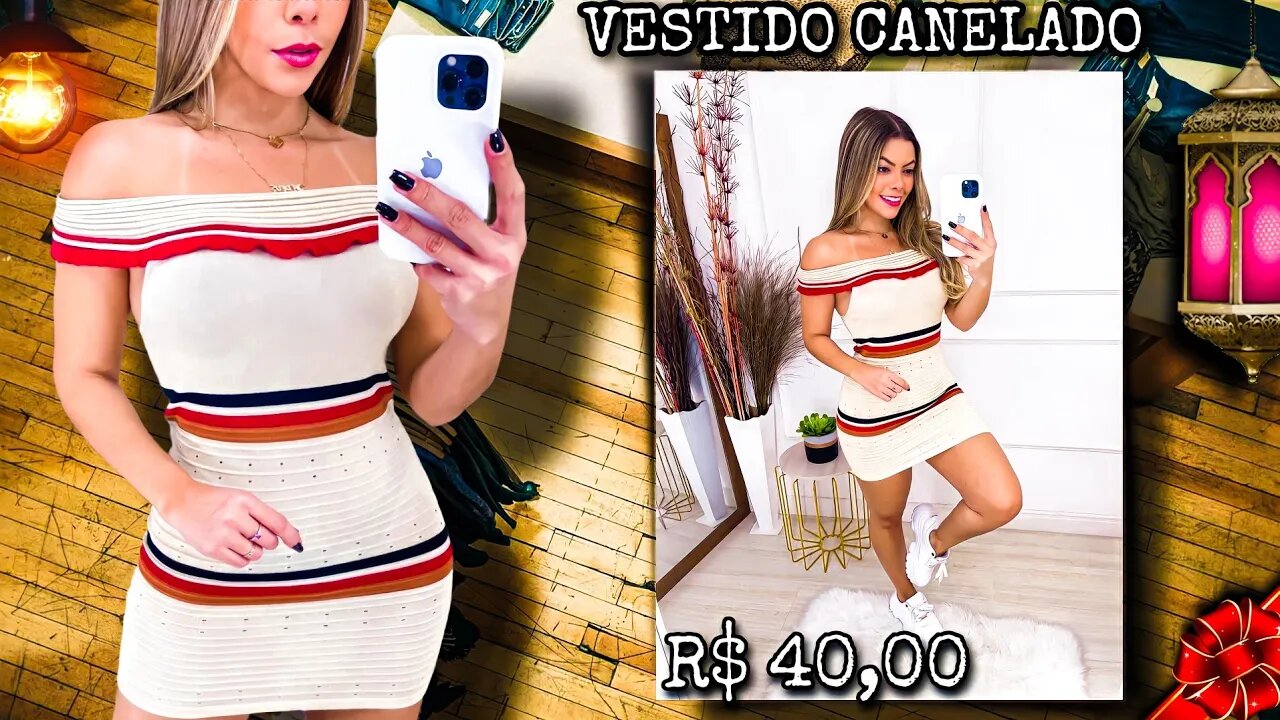 Vestido Canelado Ciganinha com Listras horizontal com detalhes furadinhos Estica!