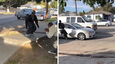 Skater nearly gets hit by a car during a trick