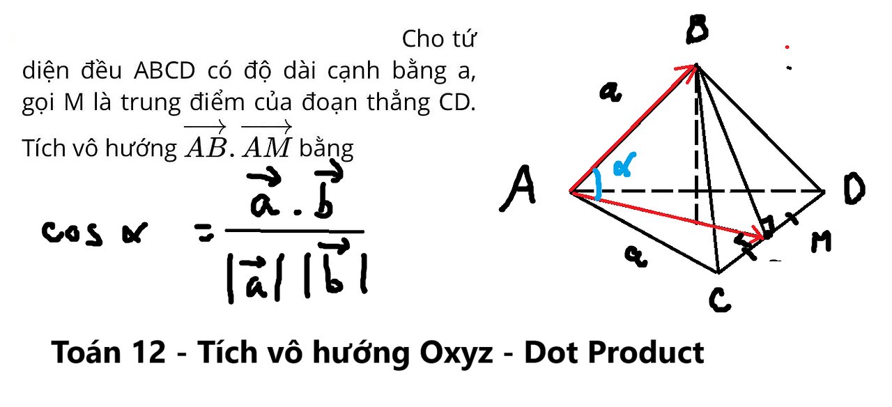 Cho tứ diện đều ABCD có độ dài cạnh bằng a, gọi M là trung điểm của đoạn thẳng CD. Tích vô