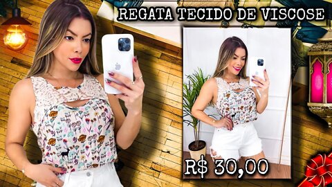 Regata Feminina Detalhe de renda encima Tecido de Viscose e abertura atrás/ Shopee