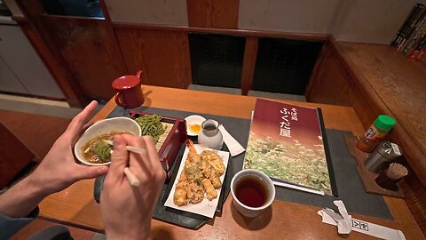 Green tea soba noodles at Gotokuji Fukuda soba restaurant 4K HDR