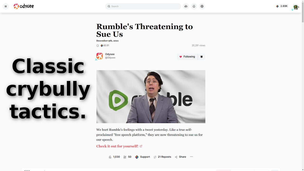 Odysee Tried to Crybully Rumble Like They Tried with BitChute, Made Claims of Defrauding Investors
