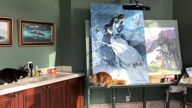 Cat enjoys a sink drink while Cat and Great Dane watch