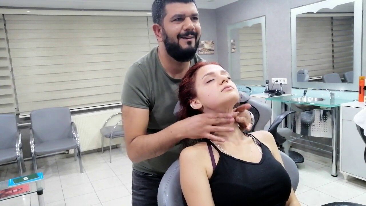 ASMR Turkish Barber beatiful red head young female massage and soapy hair wash