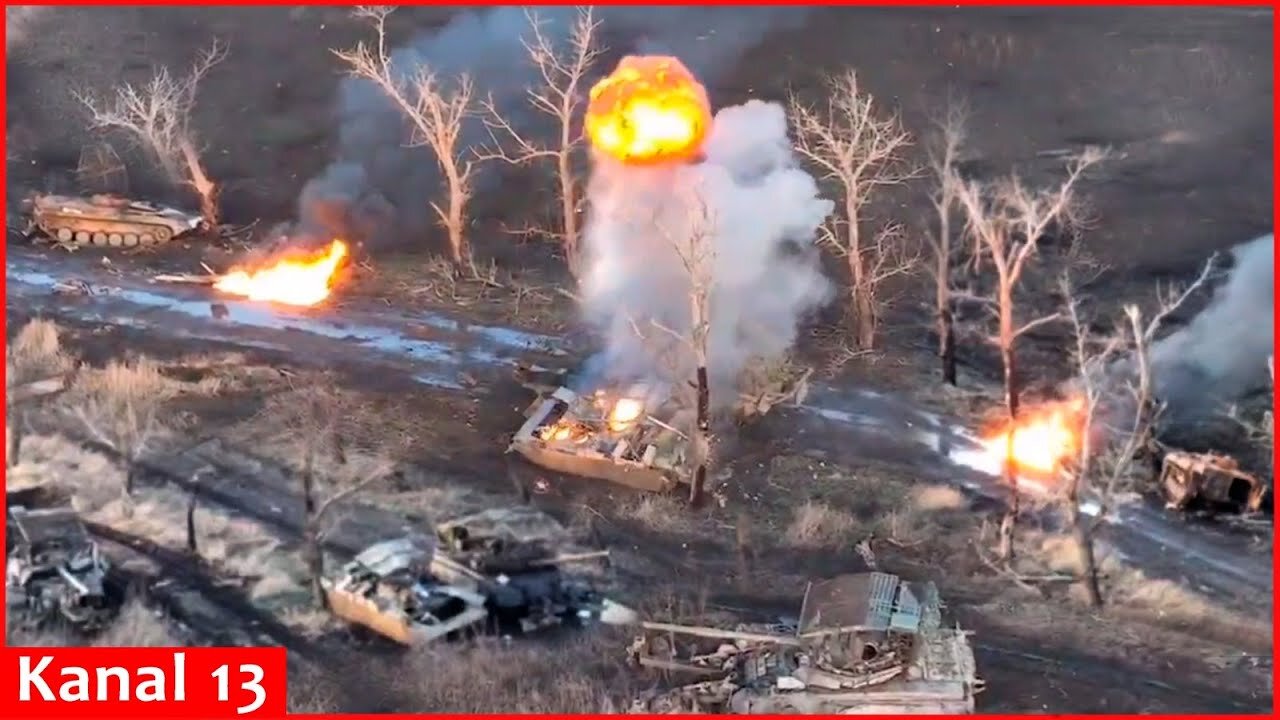 Footage of Russian military equipment surrendering to a drone in outskirts of Donetsk