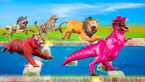 Jump on Stones over Water Wolf Fox, Zombie T-Rex, Lion, Cow, Cheetah