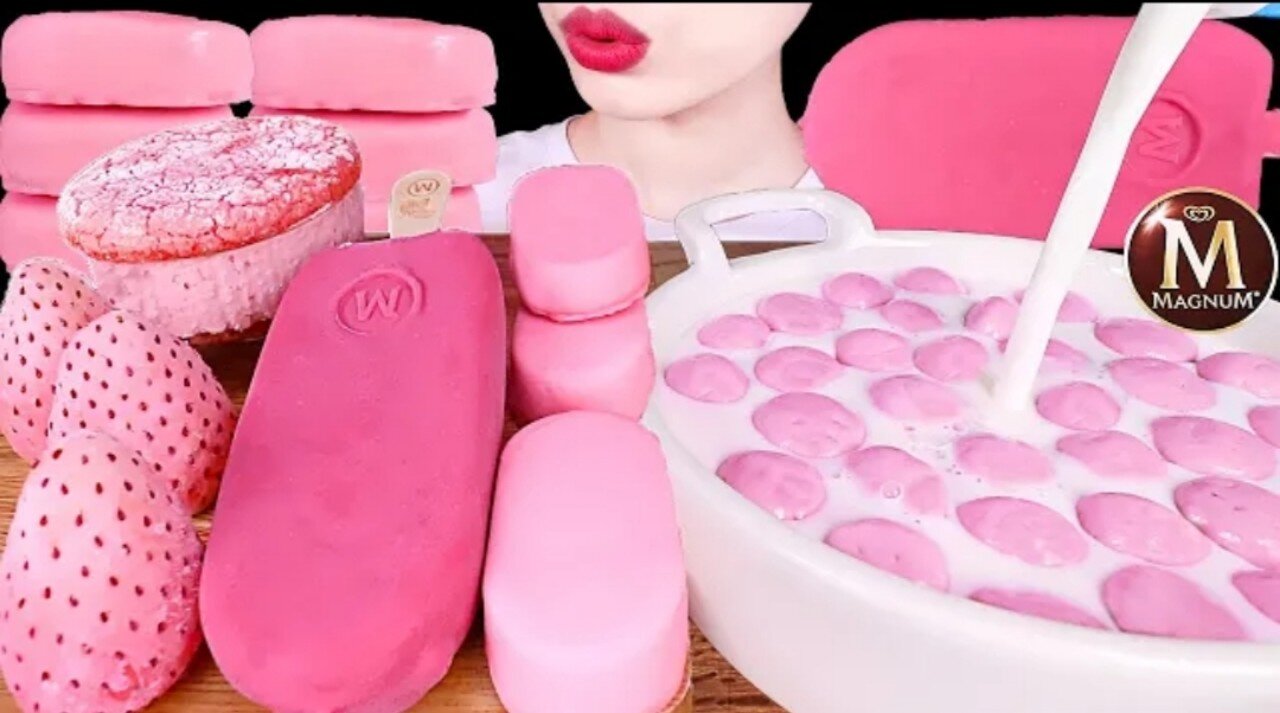 Pink ice cream, Magnum, pink chocolate, melties, and frozen fruits are part of the ASMR MUKBANG.