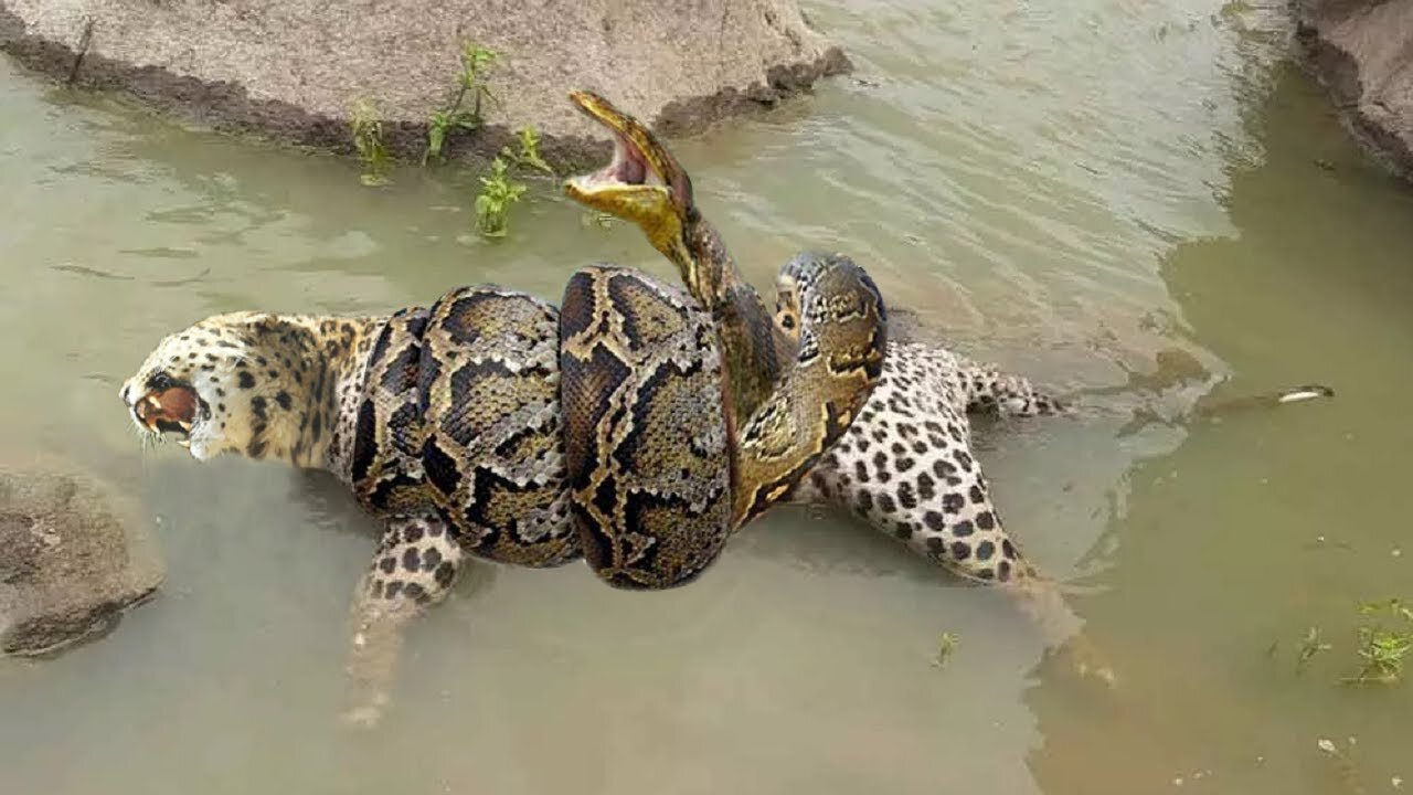 Python Swallowing Leopard Cubs While Mother Leopard Hunting Baby Monkey