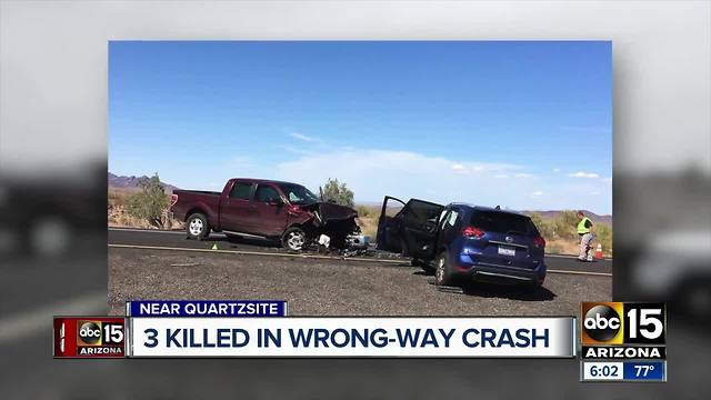 Three people killed in wrong-way crash in western Arizona