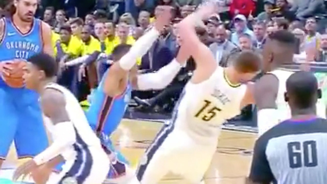 Russell Westbrook Shoulder Checks Nikola Jokic Out of His Sneakers!