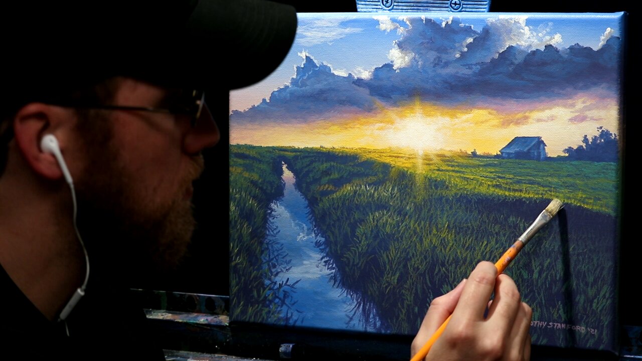 Acrylic Landscape Painting of Sunlight Over A Field - Time Lapse - Artist Timothy Stanford