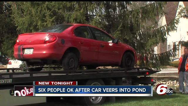 Four adults, two kids escape after car veers into pond