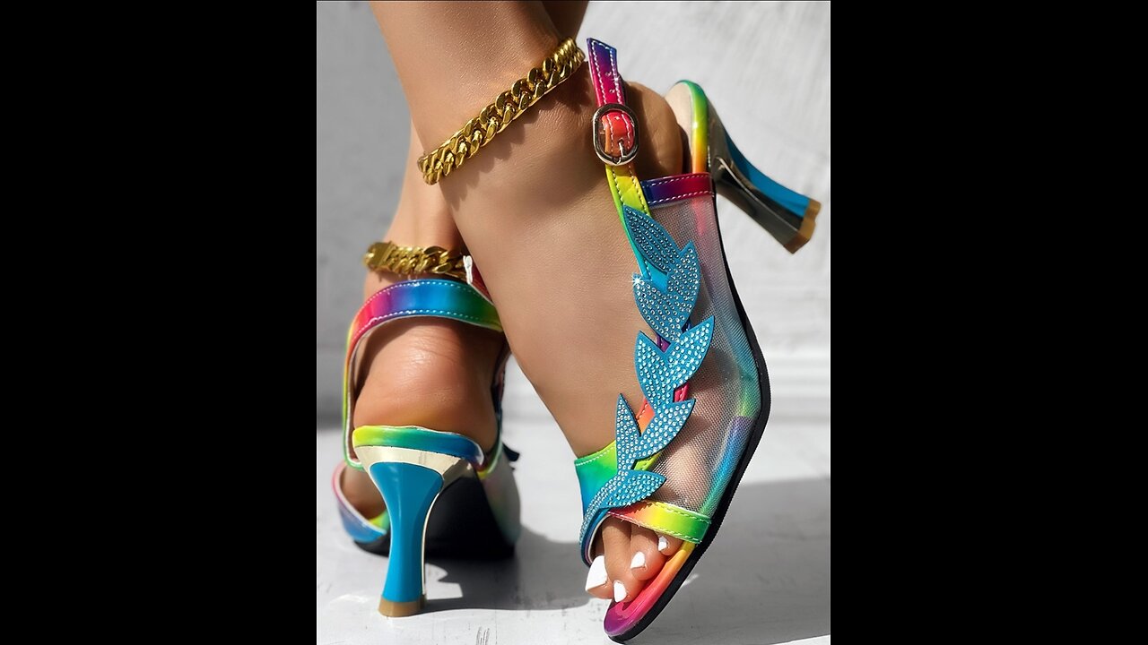 Leaf Pattern Rainbow Ombre Rhinestone Mesh Patch Sandals 🍃🌈💎