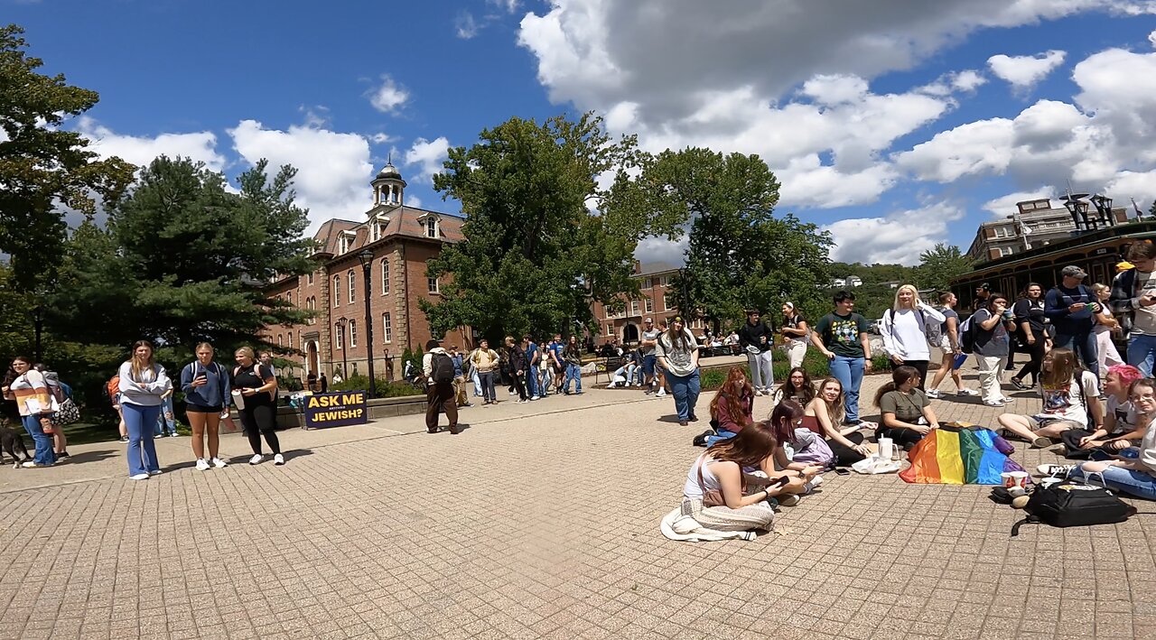 West Virginia Univ: Thousands of Students 1st Day of Classes, Female Agnostics Have Great Questions, As I Read Isaiah 53 to Jewish Table w/ Jews a Black Student Cusses Me Out -- Helps Draw Crowd, Lesbians Mock, Sincere Christians Encourage Me, Lively Day!