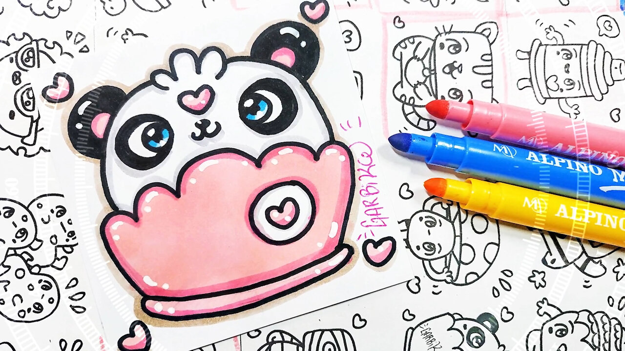 how to Draw Panda Cupcake - handmade drawings by Garbi KW