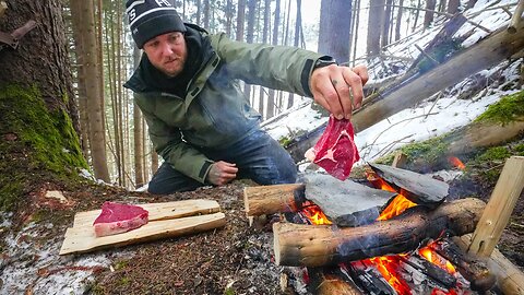 SURVIVAL Steaks on HOT ROCKS over a FIRE in the Snow