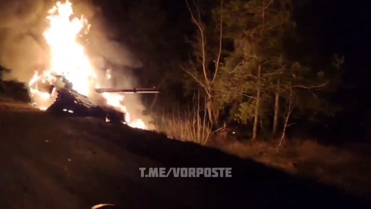 A burning tank of the Armed Forces of Ukraine somewhere in the Donbass region