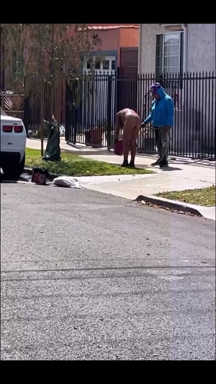 Nude homeless woman asks homeowner watering his grass to