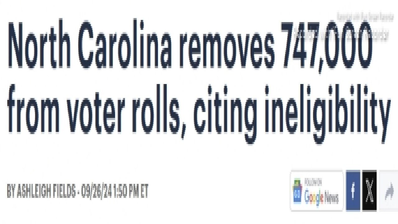 NORTH CAROLINA REMOVES 747,000 FROM VOTER ROLLS>CITING INELIGIBILITY- READ TIME 2 mins.