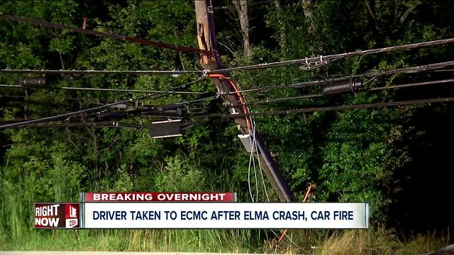 Car crashes into power pole in Elma, catches fire