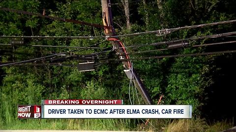 Car crashes into power pole in Elma, catches fire