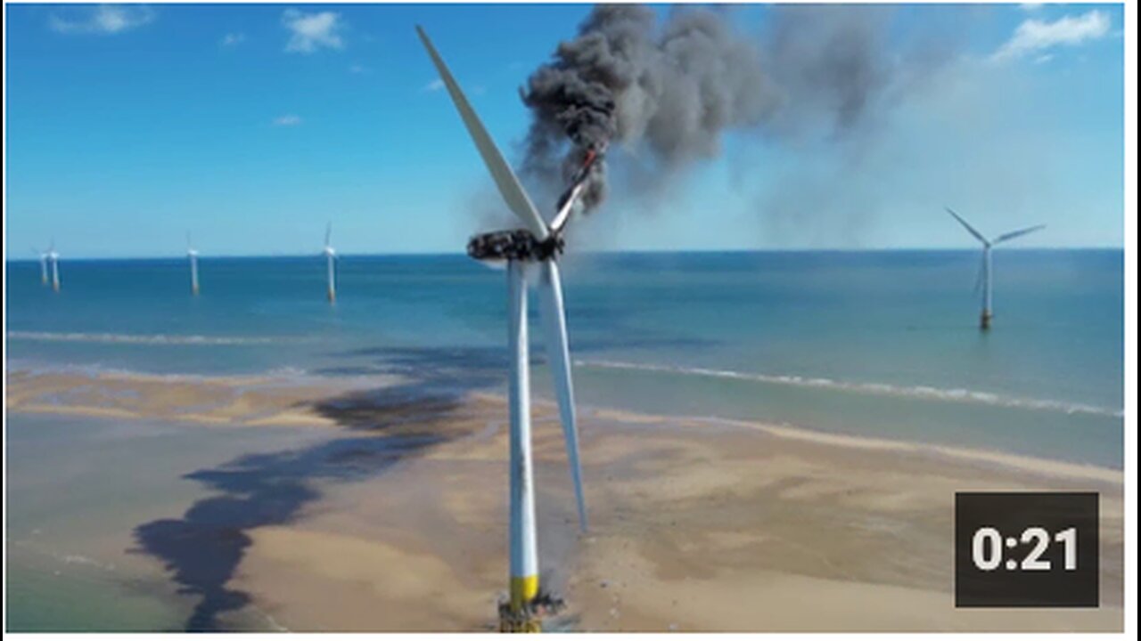 A wind turbine catches fire off the British coast, releasing thick black toxic fumes into the air