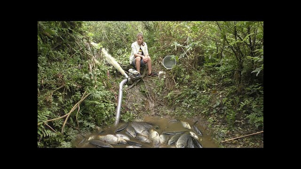 Hunting wild fish | Catch a lot of fish in a natural lake by using a water pump | Fishing technique