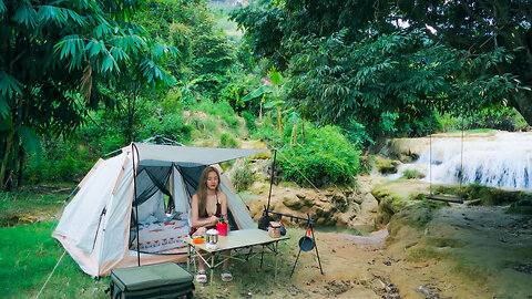 Beautiful Girl Camping Alone by a Clear Blue Stream | Enjoying the Stunning Scenery and Relaxing