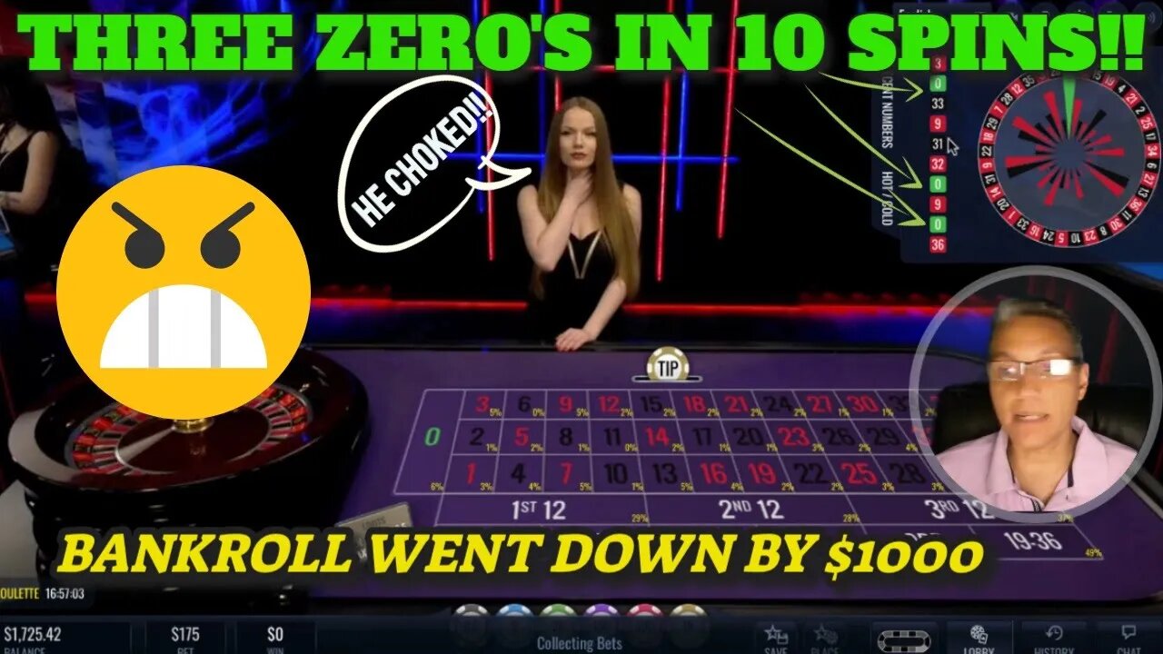 Roulette Online Session #16 on BetOnline: ZERO Comes out FIVE TIMES! Bankroll Goes Below $1500!!