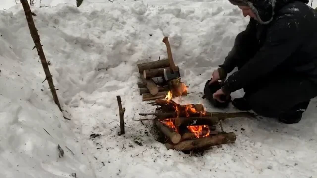 SOLO Two Days WINTER BUSHCRAFT Camp Shelter in Snowfall Lavvu Poncho Spoon Carving $$ 16