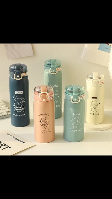 Stainless Steel Thermal Flask With Straw Portable Kids Cute Thermal Water Bottle