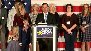 Jason Crow gives victory speech after defeating Republican Mike Coffman in Colorado's 6th congressional district