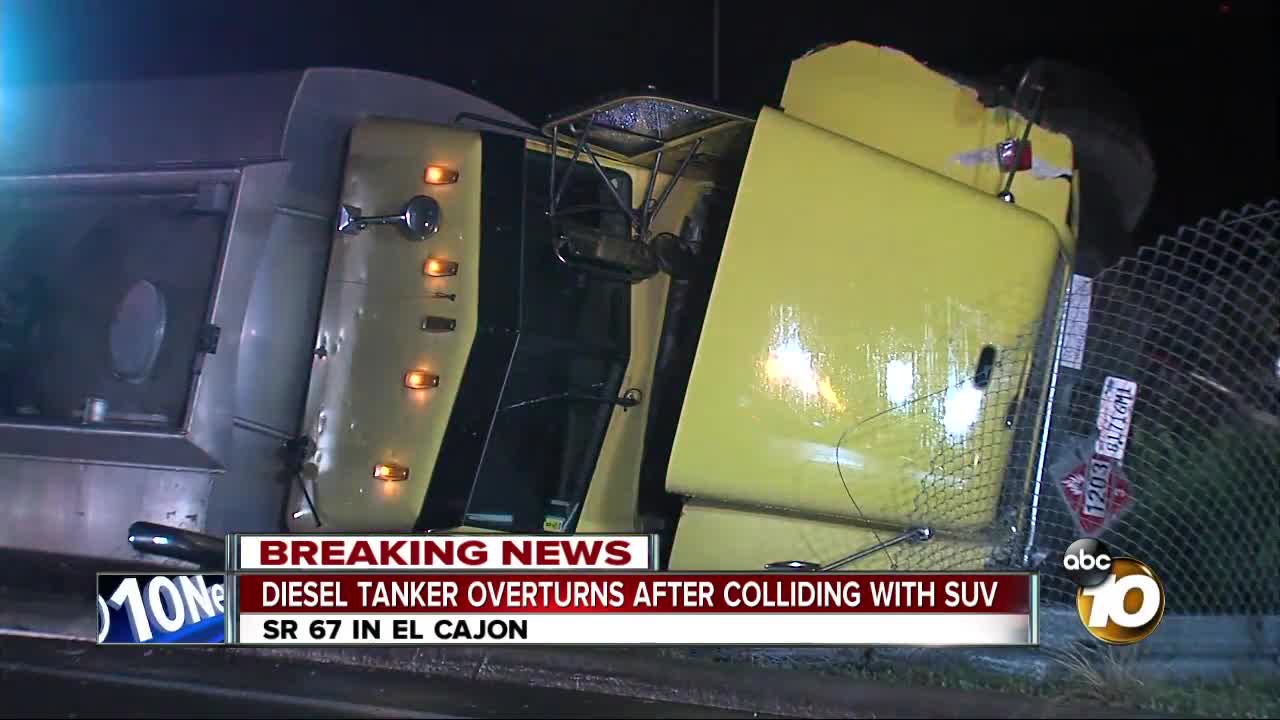 Diesel tanker overturns on SR-67 after collision with SUV