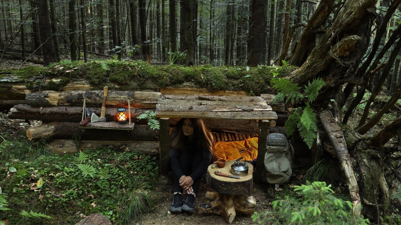 Build survival BUNKER in the Wild. Overnight bushcraft camp alone. Outdoor cooking