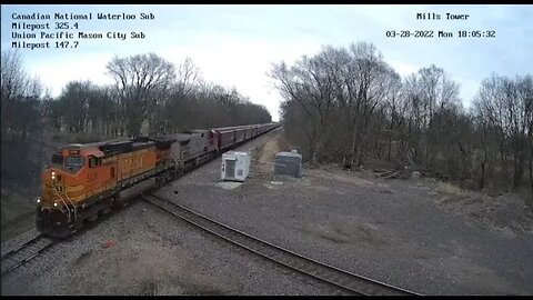 WB CN Empty Grain with BNSF 761 Fakebonnet at Mills Tower on March 28, 2022 #Steel Highway#