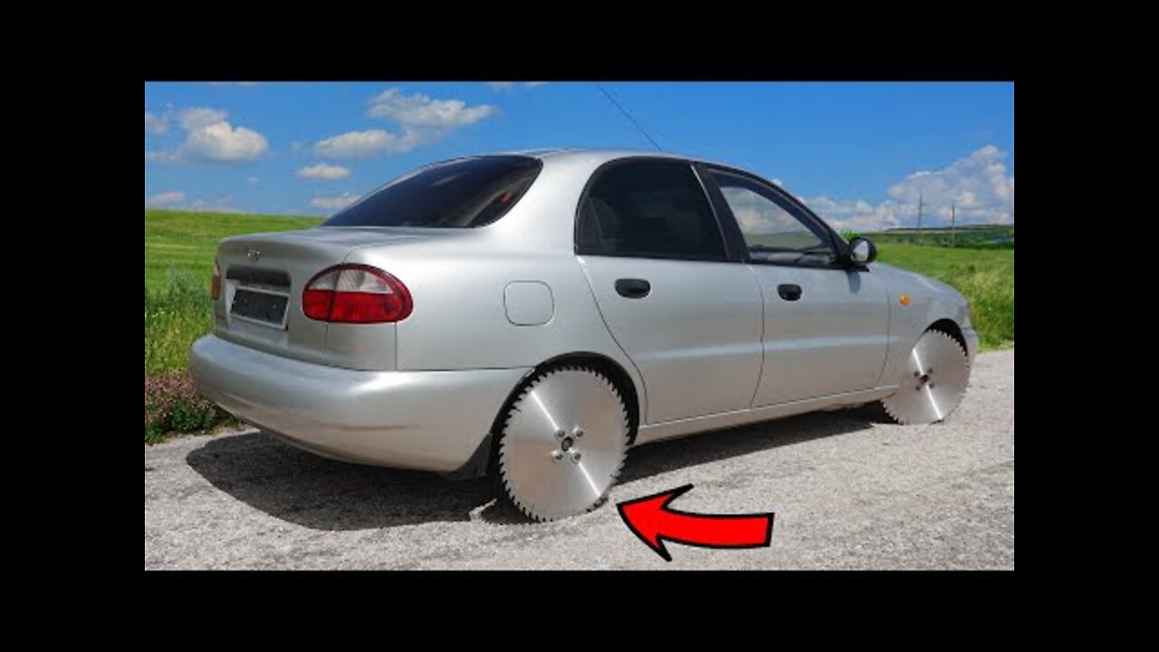 Huge SAWS instead of WHEELS on a REAL car!