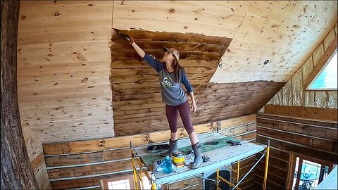 Our LOG HOME is getting cozy; staining the wood walls (#102)