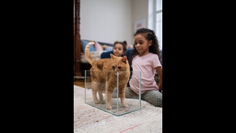 Funny child and baby cat playing with each other