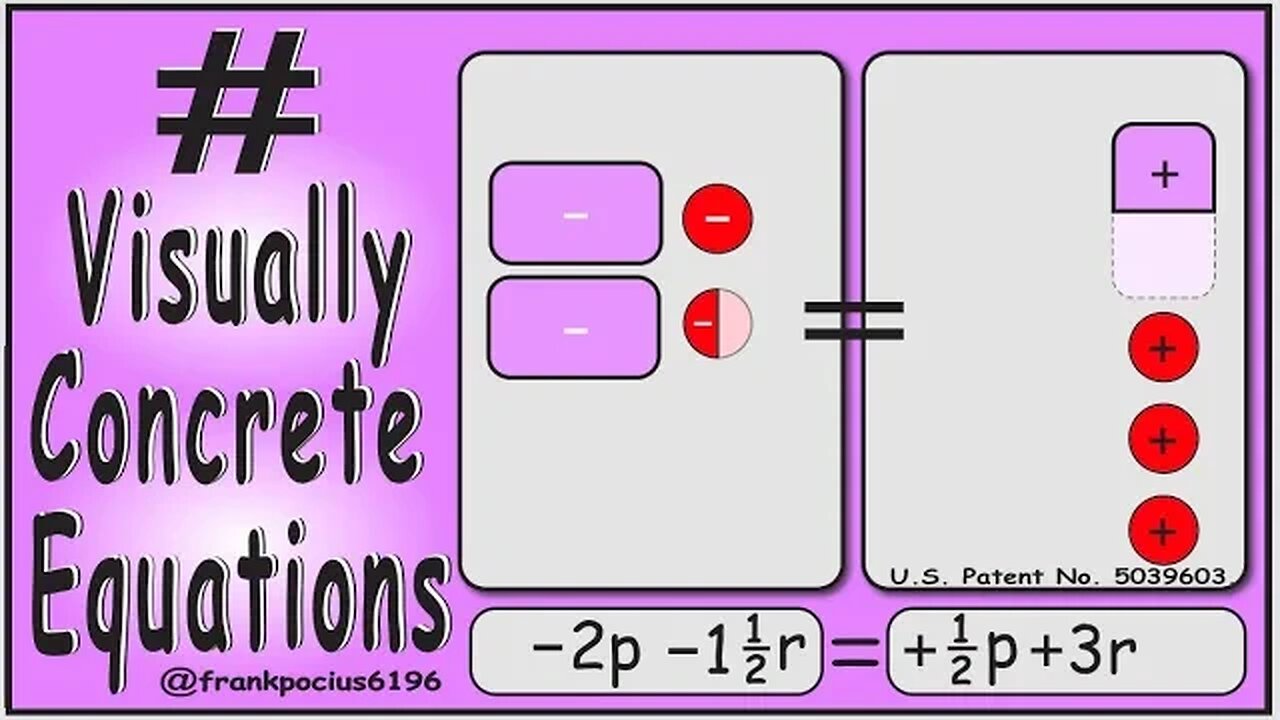 VISUAL EQUATION _ -2p -1 1/2 r = +1/2 p +3r _ SOLVING BASIC EQUATIONS _ SOLVING BASIC WORD PROBLEMS